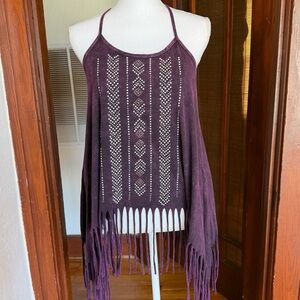 Womens Purple Boho Fringe Tank Suede-Look Studded Front Sz S Festival Hippie